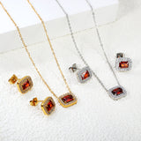 11*8.8mm rectangle garnet red zirconium with white zirconium circle earrings + necklace cross chain 0.3*44+5cm+6mm round end plate Set steel color/golden