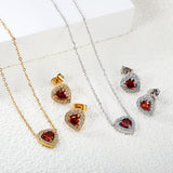 9.7*10.5mm heart shaped pomegranate red zirconium with white zirconium hoop earrings + necklace cross chain 0.3*44+5cm+6mm round end plate Set Steel/Golden color