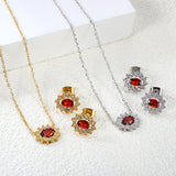 12.4*10.2 Lace Oval Garnet Red Zirconium with White Zirconium Hoops Earrings + Necklace Cross Chain 0.3*44+5cm+6mm Round Tail Plate Set Steel/Golden