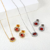 10.3*8.4mm oval garnet red zirconium with white zirconium hoop earrings + necklace cross chain 0.3*44+5cm+6mm round end plate Set steel color/golden color