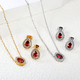 8.7*11mm teardrop shaped garnet red zirconium with white zirconium hoops earrings + necklace cross chain 0.3*44+5cm+6mm round end plate Set steel color / gold color