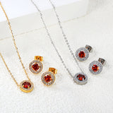 9.6mm Round Garnet Red Zirconia with White Zirconia Hoop Earrings + Necklace Cross Chain 0.3*44+5cm+6mm Round Tail Plaque Set Steel Color / Gold