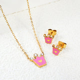 8*8.4mm crown with pink oil drop earrings+11.7*12mm pendant necklace 0.35 cross 45+5cm+6mm round end plaque set Gold color