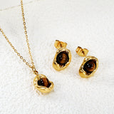 Tiger Eye Set Gold 0.3 Cross 40+5cm+6mm Earring+8.3*11.6mm Pendant Necklace 8.3*11.6mm Round Tail Plaque Set Gold color