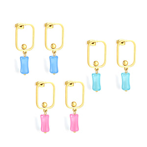 Square Hoops with Steel Beads & Pink & Blue & Green Column Stud Earrings