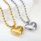 26.5*23mm Hollow Heart Pendant Necklace 4.0 Wave Bead Chain 45+5cm+6mm Round Plaque Steel Color