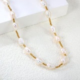 7*9mm freshwater pearl+2mm steel bead necklace 40+5cm+6mm round plaque Gold color