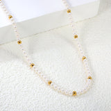 3.2mm white shell beads + 3mm small steel beads necklace 40+5cm+6mm round plaque gold color