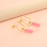 Square Hoops with Steel Beads & Pink & Blue & Green Column Stud Earrings