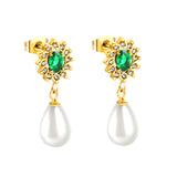 Pendientes Corazón de Diamantes Verdes + Aros de Diamantes Blancos con Perlas Blancas en Forma de Lágrima