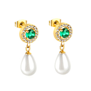 Boucles d'oreilles coeur diamants verts + créoles diamants blancs avec perles blanches en forme de larme