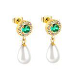 Pendientes Corazón de Diamantes Verdes + Aros de Diamantes Blancos con Perlas Blancas en Forma de Lágrima