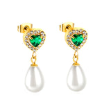 Pendientes Corazón de Diamantes Verdes + Aros de Diamantes Blancos con Perlas Blancas en Forma de Lágrima