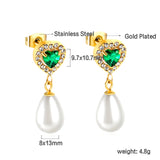 Boucles d'oreilles coeur diamants verts + créoles diamants blancs avec perles blanches en forme de larme