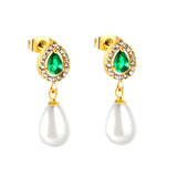 Pendientes Corazón de Diamantes Verdes + Aros de Diamantes Blancos con Perlas Blancas en Forma de Lágrima