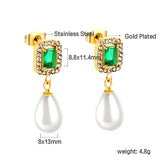 Pendientes Corazón de Diamantes Verdes + Aros de Diamantes Blancos con Perlas Blancas en Forma de Lágrima