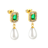 Boucles d'oreilles coeur diamants verts + créoles diamants blancs avec perles blanches en forme de larme