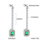 Diamantes blancos baguette cuadrados con diamantes verdes redondos + aretes tipo argolla de diamantes blancos