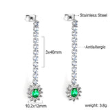 Diamantes blancos baguette cuadrados con diamantes verdes redondos + aretes tipo argolla de diamantes blancos