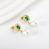 Boucles d'oreilles coeur diamants verts + créoles diamants blancs avec perles blanches en forme de larme