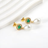 Boucles d'oreilles coeur diamants verts + créoles diamants blancs avec perles blanches en forme de larme