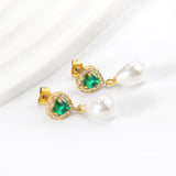 Boucles d'oreilles coeur diamants verts + créoles diamants blancs avec perles blanches en forme de larme