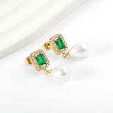 Pendientes Corazón de Diamantes Verdes + Aros de Diamantes Blancos con Perlas Blancas en Forma de Lágrima