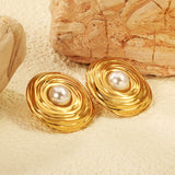 21.6*22.7mm Textured Irregular Round with 7mm Halved White Gum Bead Stud Earrings Gold