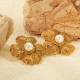 27.6*28.7mm textured four petal leaf with 7mm white glue bead stud earrings gold color