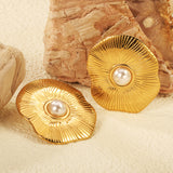 31*34.5mm Lotus Leaf with 7.8mm Half White Gum Bead Stud Earrings Gold Color