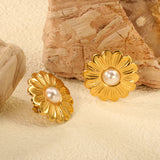 25.2mm Daisy with 7.5mm half white glue bead stud earrings gold color