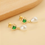 Pendientes Corazón de Diamantes Verdes + Aros de Diamantes Blancos con Perlas Blancas en Forma de Lágrima