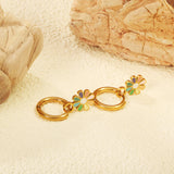 2*10mm circle + 9.4*13mm eight petal flower with colorful oil drop earrings in steel/golden color