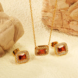 11*8.8mm rectangle garnet red zirconium with white zirconium circle earrings + necklace cross chain 0.3*44+5cm+6mm round end plate Set steel color/golden