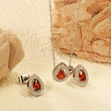 8.7*11mm teardrop shaped garnet red zirconium with white zirconium hoops earrings + necklace cross chain 0.3*44+5cm+6mm round end plate Set steel color / gold color