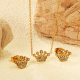 11.4*8.4mm Crown with White Zirconium Stud Earrings + Necklace Cross Chain 0.3*44+5cm+6mm Round End Plate Set Steel/Golden color