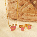 8*8.4mm crown with pink oil drop earrings+11.7*12mm pendant necklace 0.35 cross 45+5cm+6mm round end plaque set Gold color