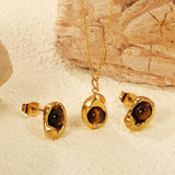 Tiger Eye Set Gold 0.3 Cross 40+5cm+6mm Earring+8.3*11.6mm Pendant Necklace 8.3*11.6mm Round Tail Plaque Set Gold color