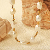 7*9mm freshwater pearl+2mm steel bead necklace 40+5cm+6mm round plaque Gold color