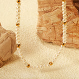 3.2mm white shell beads + 3mm small steel beads necklace 40+5cm+6mm round plaque gold color