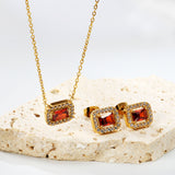 11*8.8mm rectangle garnet red zirconium with white zirconium circle earrings + necklace cross chain 0.3*44+5cm+6mm round end plate Set steel color/golden