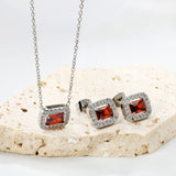 11*8.8mm rectangle garnet red zirconium with white zirconium circle earrings + necklace cross chain 0.3*44+5cm+6mm round end plate Set steel color/golden