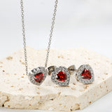 9.7*10.5mm heart shaped pomegranate red zirconium with white zirconium hoop earrings + necklace cross chain 0.3*44+5cm+6mm round end plate Set Steel/Golden color