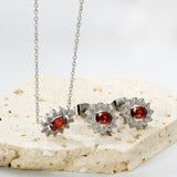 12.4*10.2 Lace Oval Garnet Red Zirconium with White Zirconium Hoops Earrings + Necklace Cross Chain 0.3*44+5cm+6mm Round Tail Plate Set Steel/Golden