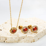 10.3*8.4mm oval garnet red zirconium with white zirconium hoop earrings + necklace cross chain 0.3*44+5cm+6mm round end plate Set steel color/golden color