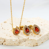 8.7*11mm teardrop shaped garnet red zirconium with white zirconium hoops earrings + necklace cross chain 0.3*44+5cm+6mm round end plate Set steel color / gold color