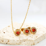 9.6mm Round Garnet Red Zirconia with White Zirconia Hoop Earrings + Necklace Cross Chain 0.3*44+5cm+6mm Round Tail Plaque Set Steel Color / Gold