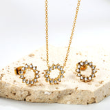 11.6mm Lace Circle with White Zirconium Stud Earrings + Necklace Cross Chain 0.3*44+5cm+6mm Round End Plate Set Steel/Golden