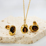 Tiger Eye Set Gold 0.3 Cross 40+5cm+6mm Earring+8.3*11.6mm Pendant Necklace 8.3*11.6mm Round Tail Plaque Set Gold color