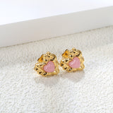 Pink & Green & Navy Blue Diamonds Convex Heart Stud Earrings 15*15.6mm Gold Color